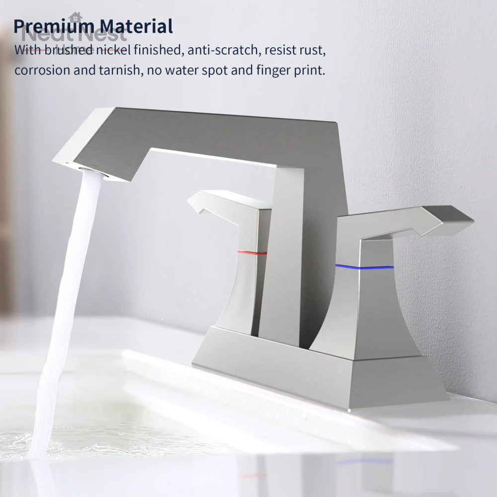 2-Handle Heavy Duty Bathroom Faucet with Drain and Supply Kits, Modern Style Lavatory Deck Mounted brushed bathroom sink faucet