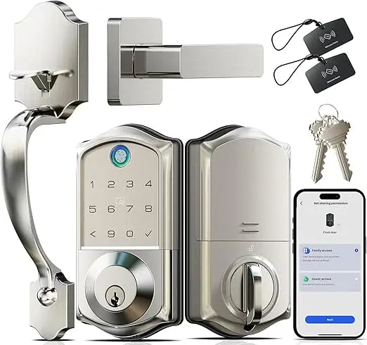 VE017-H Fingerprint Smart Front Door Lock Set, App Control, Keyless Entry Deadbolt with Handle, Smart Deadbolt, Emergency Power