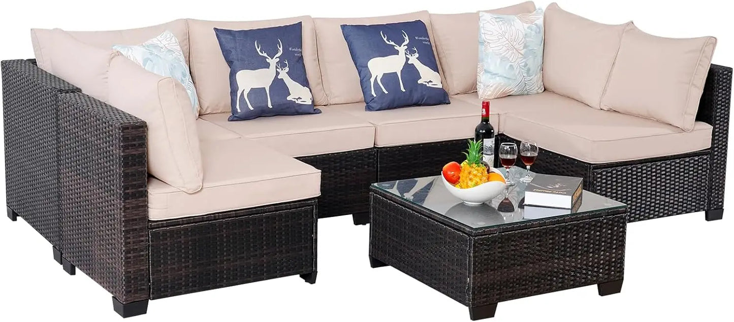 7 Piece Sectional Sofa Set Outdoor, Rattan Patio Furniture Set, Outdoor Sectional Furniture, Rattan Chairs Glass Table