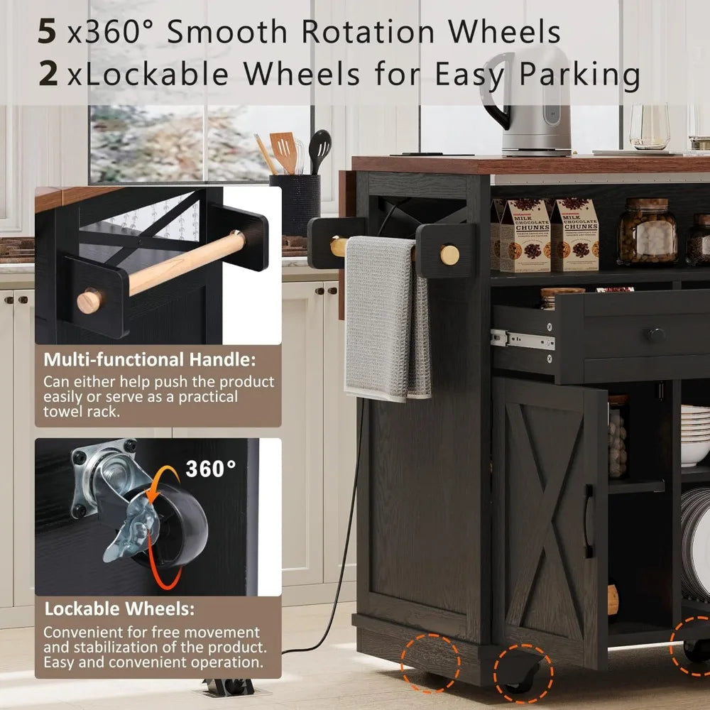 Farmhouse Kitchen Island with Beaded Drape, Rolling Kitchen Storage Cart on Wheels with Drop Leaf and Power Outlet, 3 Doors, 3 D