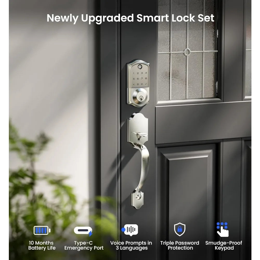 VE017-H Fingerprint Smart Front Door Lock Set, App Control, Keyless Entry Deadbolt with Handle, Smart Deadbolt, Emergency Power