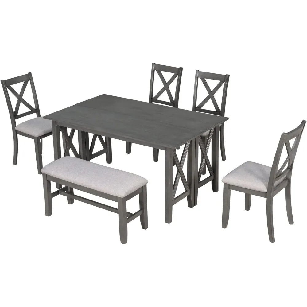 Extendable Dining Table Set with Bench and Chairs for 6 Persons Solid Wood 6 Piece Kitchen Dining Room Table Set for Saving