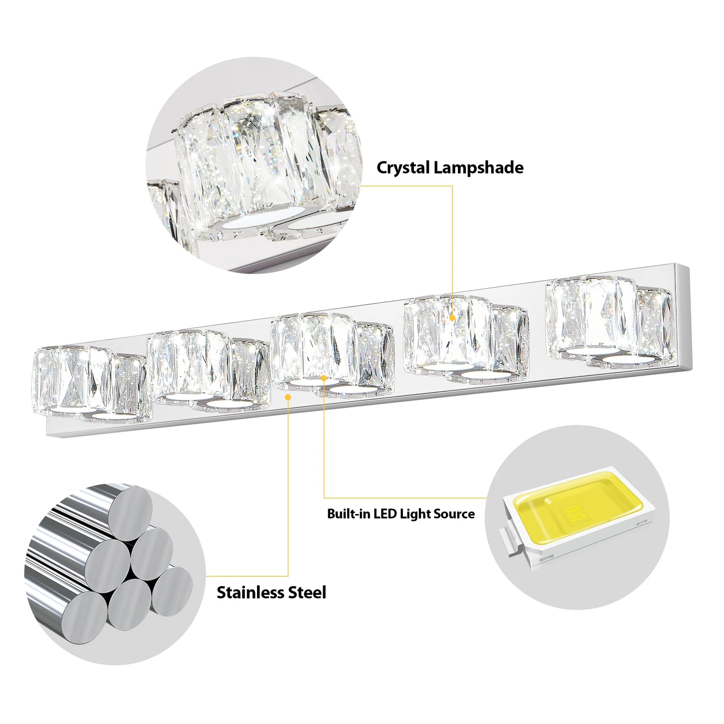 35" Modern Crystal 5-Light LED Wall Sconce – Elegant Chrome Bathroom Vanity Light with Clear Crystal Shades