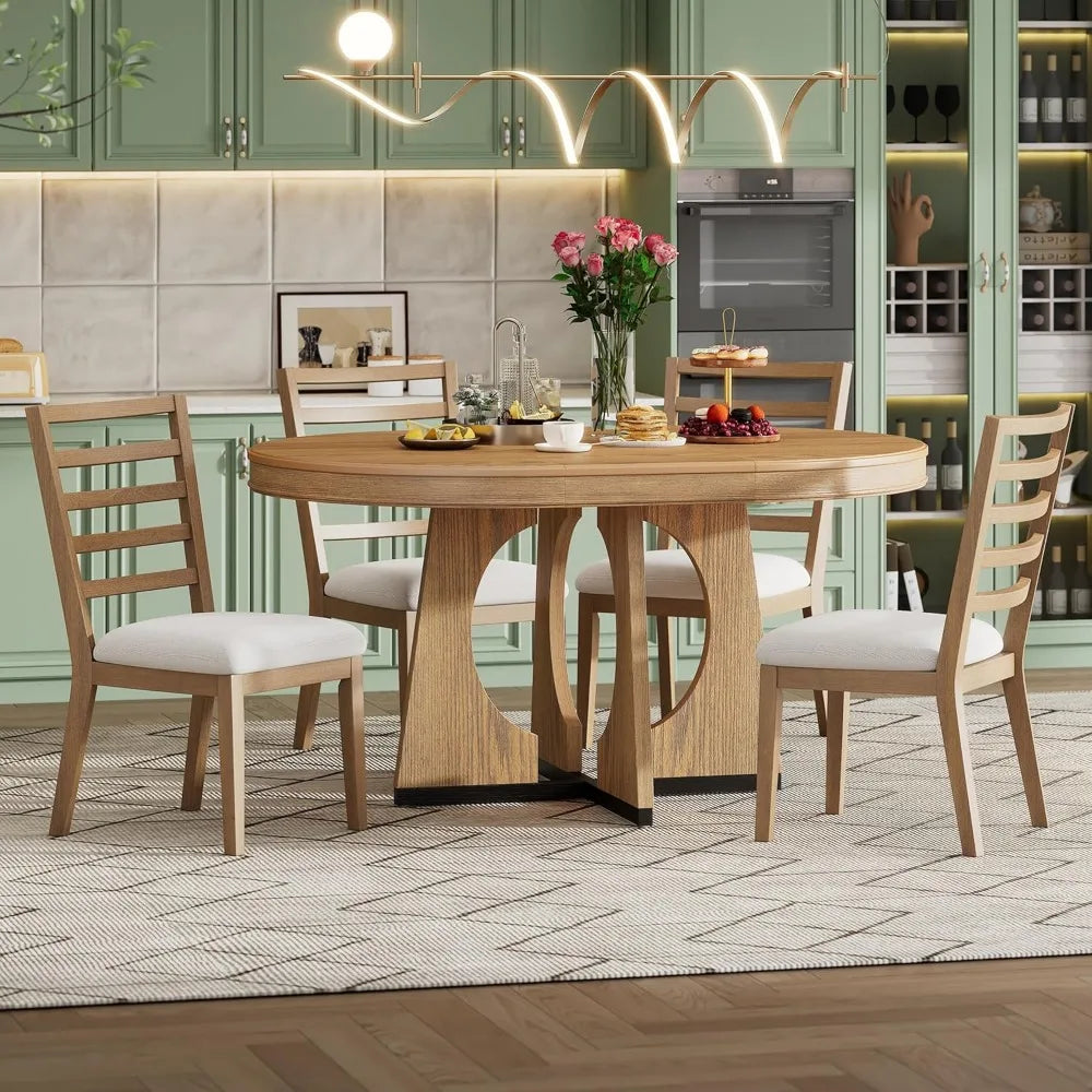 5 Piece Extendable Farmhouse Round Dining Table Set, 58" to 42" Oval Dining Room Table for 4 6 8 People and 4 Upholstered Chairs