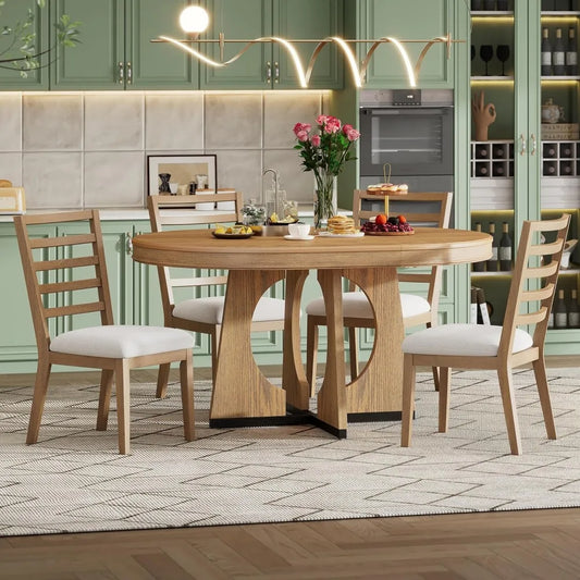 5 Piece Extendable Farmhouse Round Dining Table Set, 58" to 42" Oval Dining Room Table for 4 6 8 People and 4 Upholstered Chairs
