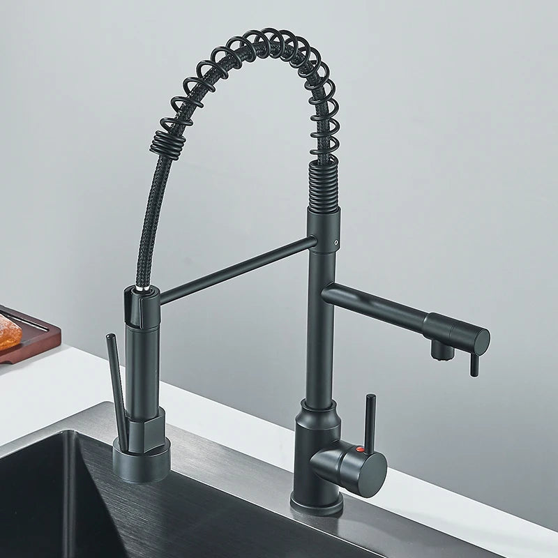 Black Kitchen Faucet With Pull Down Spring Sprayer Deck Mounted Hot and Cold Water Mixer Tap Dual Spout Nozzle Faucets Crane