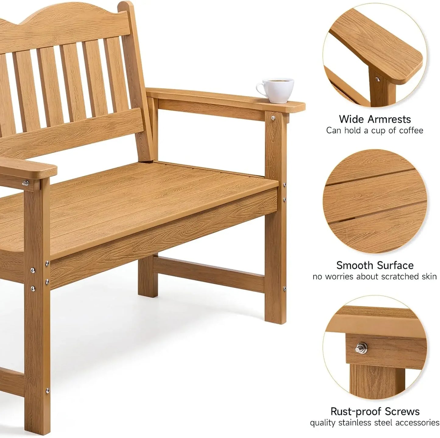 2-Person Poly Lumber Garden Bench with 800 lbs Weight Capacity, All-Weather Patio Bench with Armrestsand Backrest for Garden