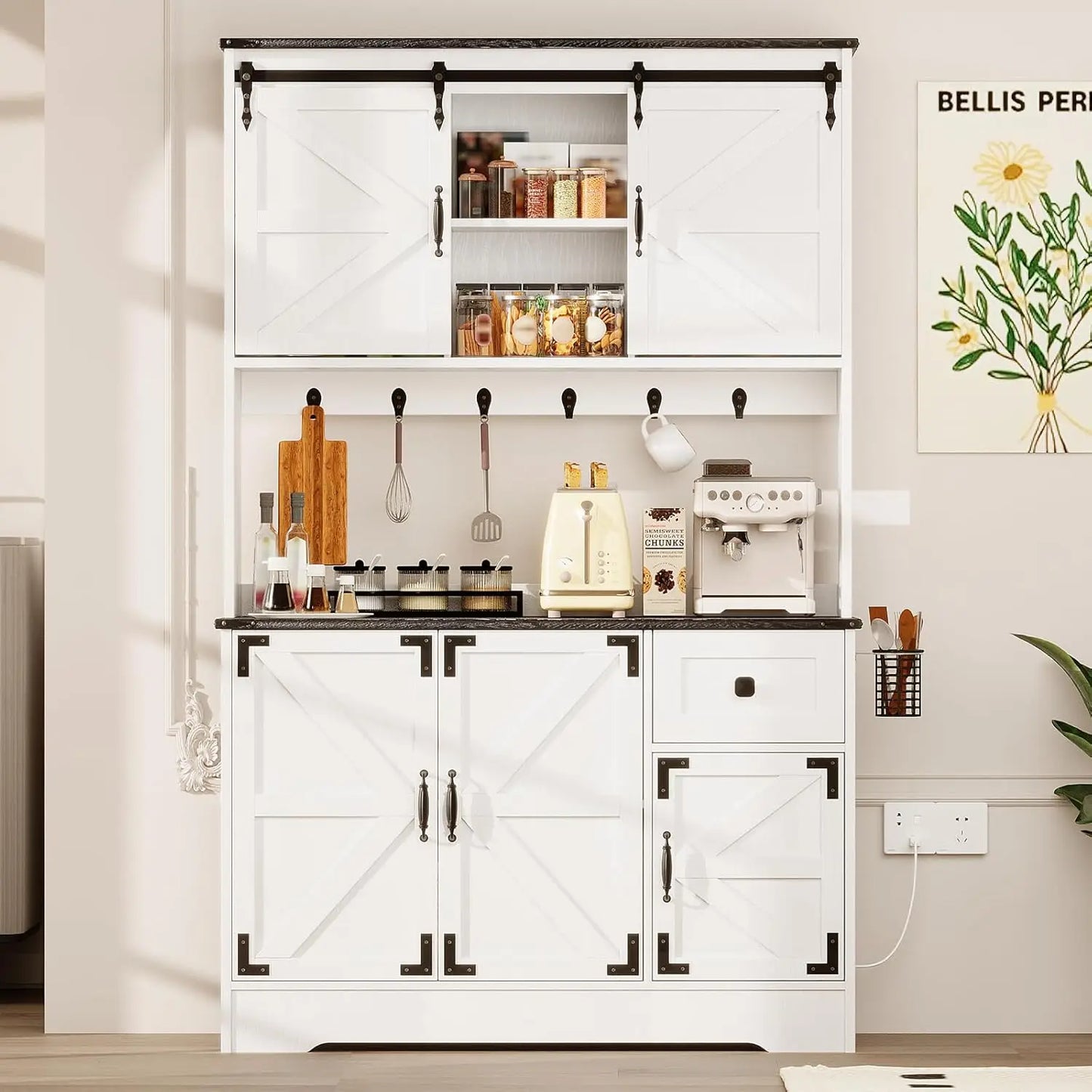 71" Kitchen Pantry Cabinet, Modern Kitchen Hutch Food Pantry with Charging Station and Microwave Stand, Pantry Storage Cabinets