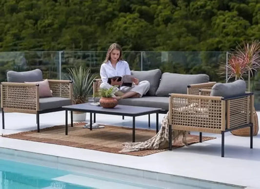 （XMSJ-Hot）Outdoor 4-Piece Conversation Set Rust Free Patio Furniture Set  Olefin Modern Sofa Seating for Garden, Backyard, Balco