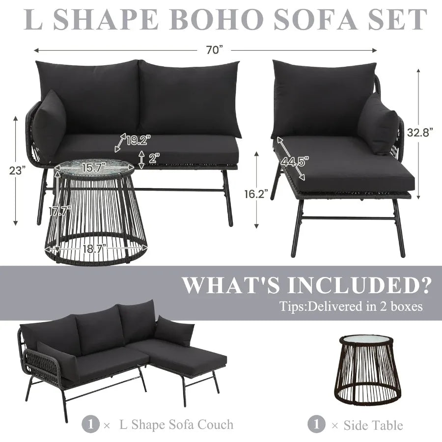 3Piece Outdoor Patio Furniture Set LShaped Rattan Sectiol Sofa with Thick Cushions Glass Coffee Table AllWeather Conversation