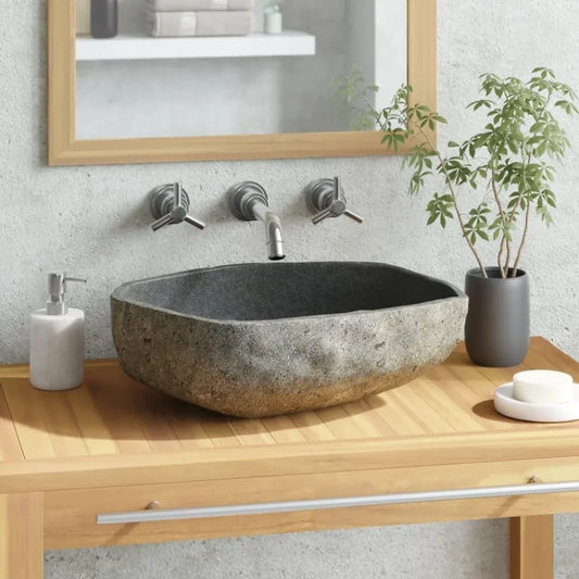 Bathroom Vessel Sink Handmade Basin River Stone Wash Basin Sink Above Counter Oval Washbowl Furniture, 17.7"-20.9"(B) -AA