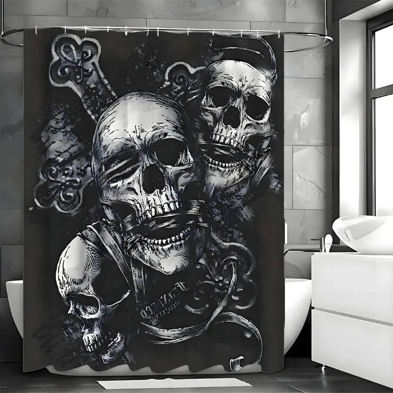 1pcs Gothic Three Skull Shower Curtain Set，12 Hooks,Options for Stylish Bathrooms