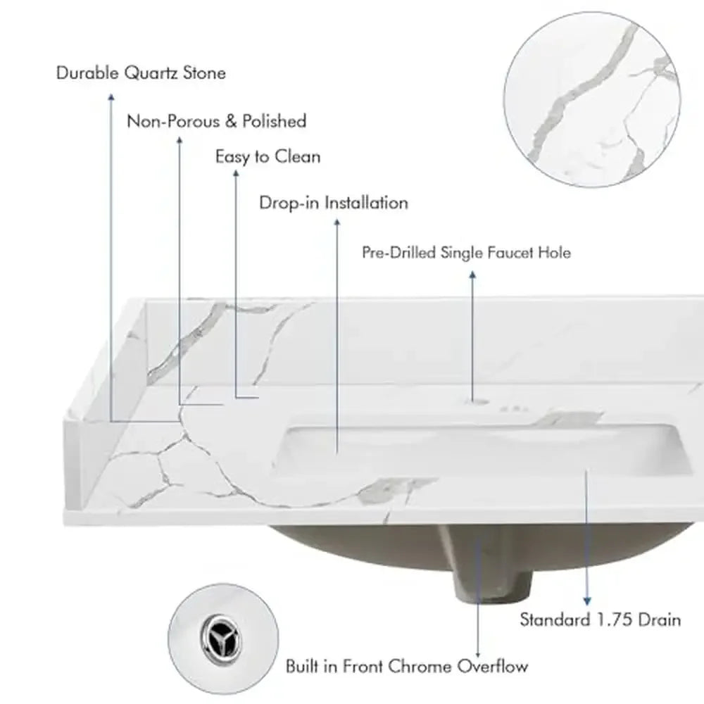 Quartz Calacatta River Vanity Top 30x22 with Sink & Sidesplash