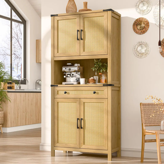 Vabches Kitchen Pantry Cabinet with Drawer & 4 Rattan Doors 69'' Tall Freestanding Wood Storage Cabinet for Kitchen Living Room