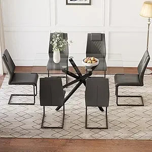 Modern Dining Table Set for 6, 63" Dinner Table Set for 6,Marble-Patterned Tempered Glass Kitchen Tabletop Silver Legs and 6 Bla