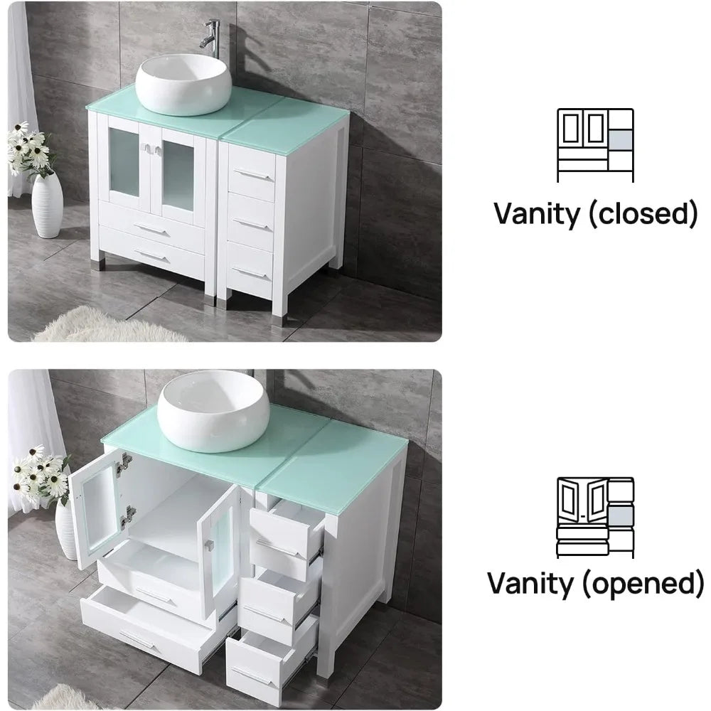 36” White Bathroom Wood Vanity Cabinet Top Ceramic Vessel Sink Faucet Drain Combo with Mirror Vanities Set