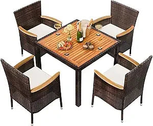 5 pieces patio dining set, wicker patio conversation set with wooden table top, outdoor table and chairs with soft cushions for