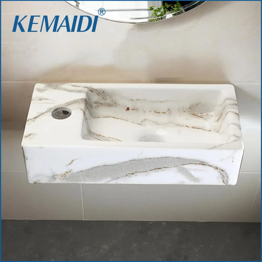 KEMAIDI Wall Mounted Marbling Vessel Sink 15x7 inch Rectangular White Floating Small Bathroom Ceramic Sinks Porcelain Basin Bowl
