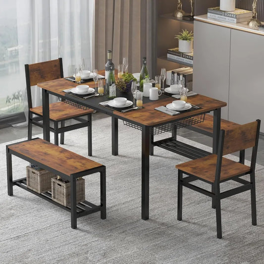 Dining Table Set for 4-6 People,Industrial Dining Table with 2 Benches and 2 Chairs,Kitchen Table Set with Storage Rack for Dini