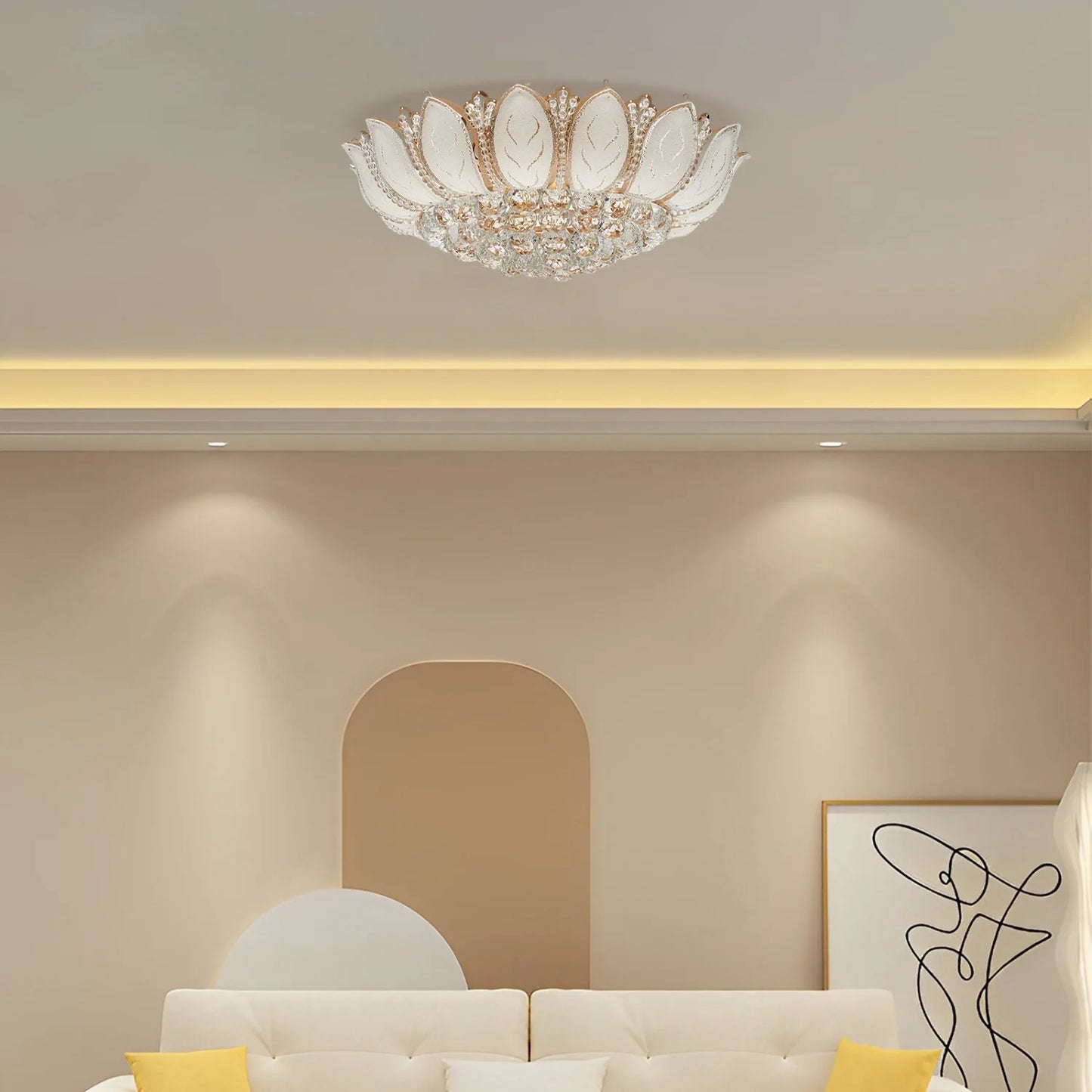 Luxury Crystal Chandelier 23.5" Gold Lotus Shape Flush Mount LED Ceiling Lamp Pendant Lighting Fixture for Living Room Bedroom