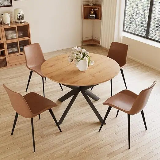 43.2"-59.1" Extendable Round Dining Table Set, Wooden Round Table for 4-6 Person, Oak Coffee Table w/Scratch-Resistant Tabletop