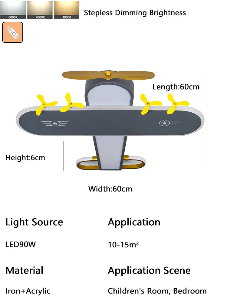 Kids' Room Aircraft Ceiling Light, Creative Cartoon Smart Remote-Controlled Eye-Caring Lamp for Boys' Bedroom