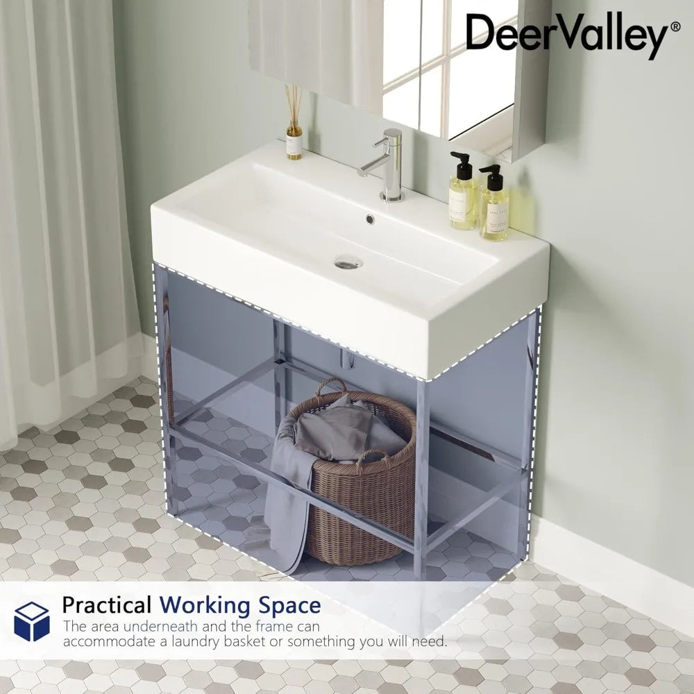 Bathroom Console Sink 32"x17" Free Standing 34 Inch Sink for Bathroom, White Vessel Ceramic Vanity Basin Modern Rectangular