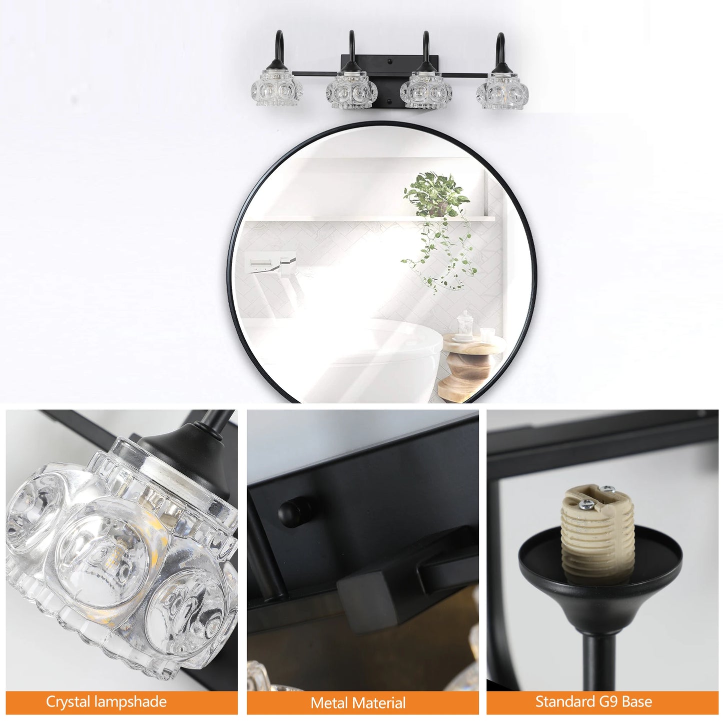 23" Retro 4-Light Bathroom Vanity Light Fixture - Black Finish with Crystal Glass Shades, Wall Mounted Lighting