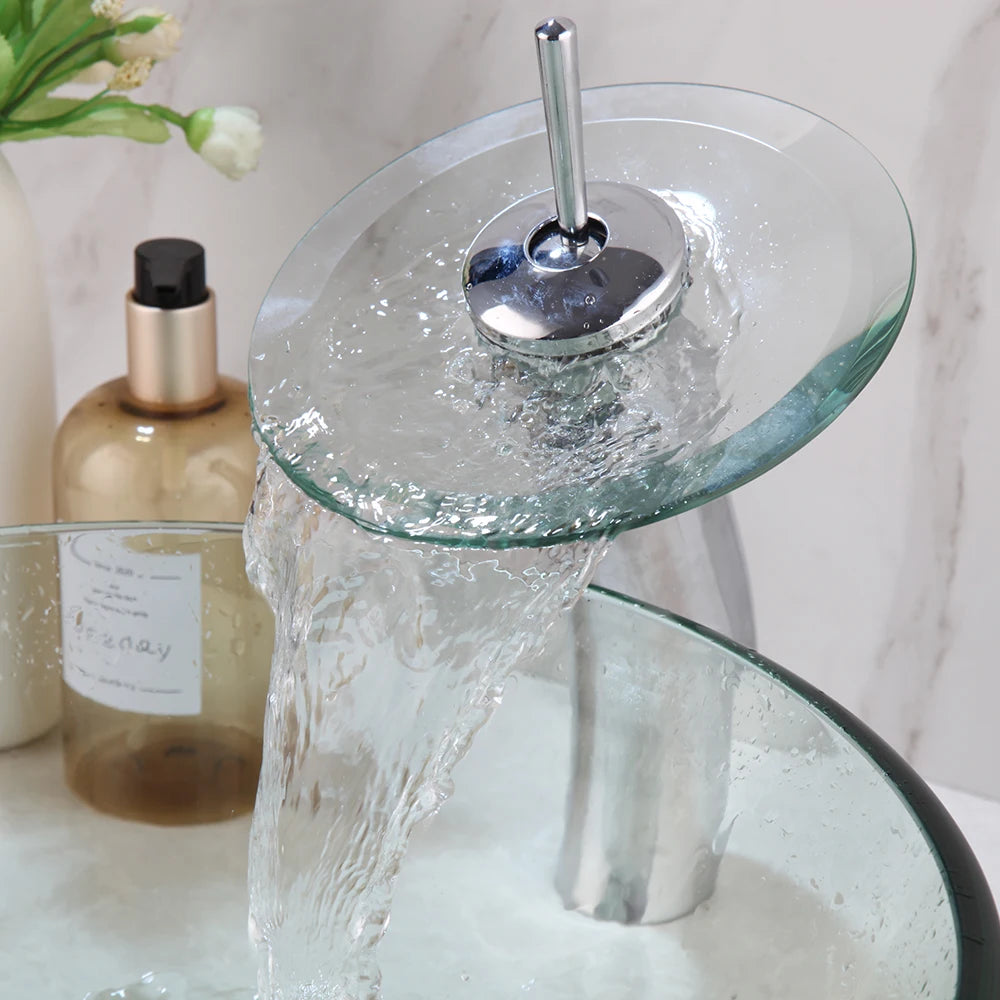 ZAPPO Round Bathroom Vessel Sinks 17 inch Tempered Glass Vessel Sink Clear Green Bathroom Sink Waterfall Bathroom Faucet Combo
