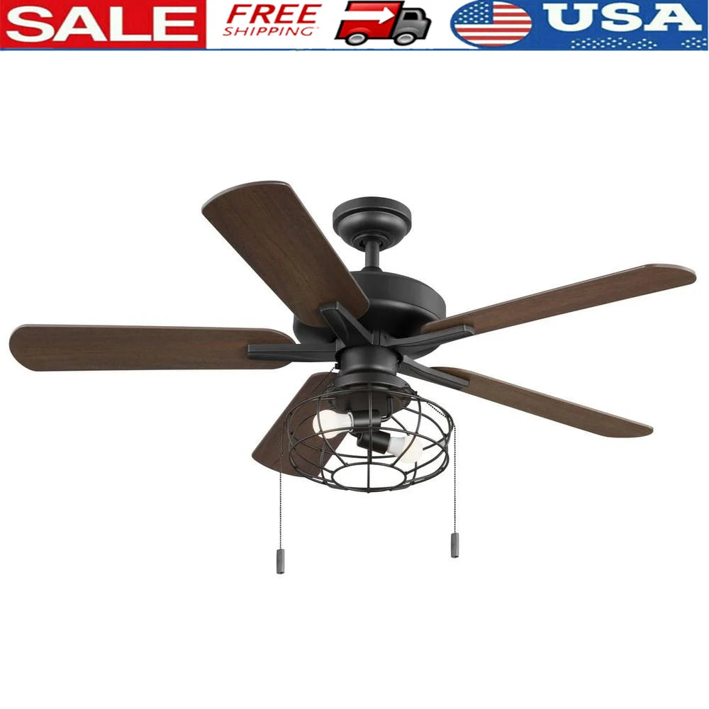 52inch Industrial Cage Ceiling Fan 5 Reversible Blades LED Bulbs Included Downrod Mount Indoor Spaces Adjustable Speed Quiet