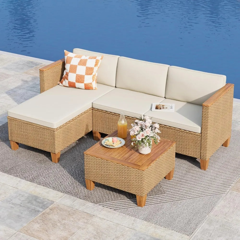 Wicker Outdoor Patio Furniture Set 3 Pieces Patio Chaise Longue Conversation Set, Rattan L-Shaped Sofa Couch with Acacia Wood Co