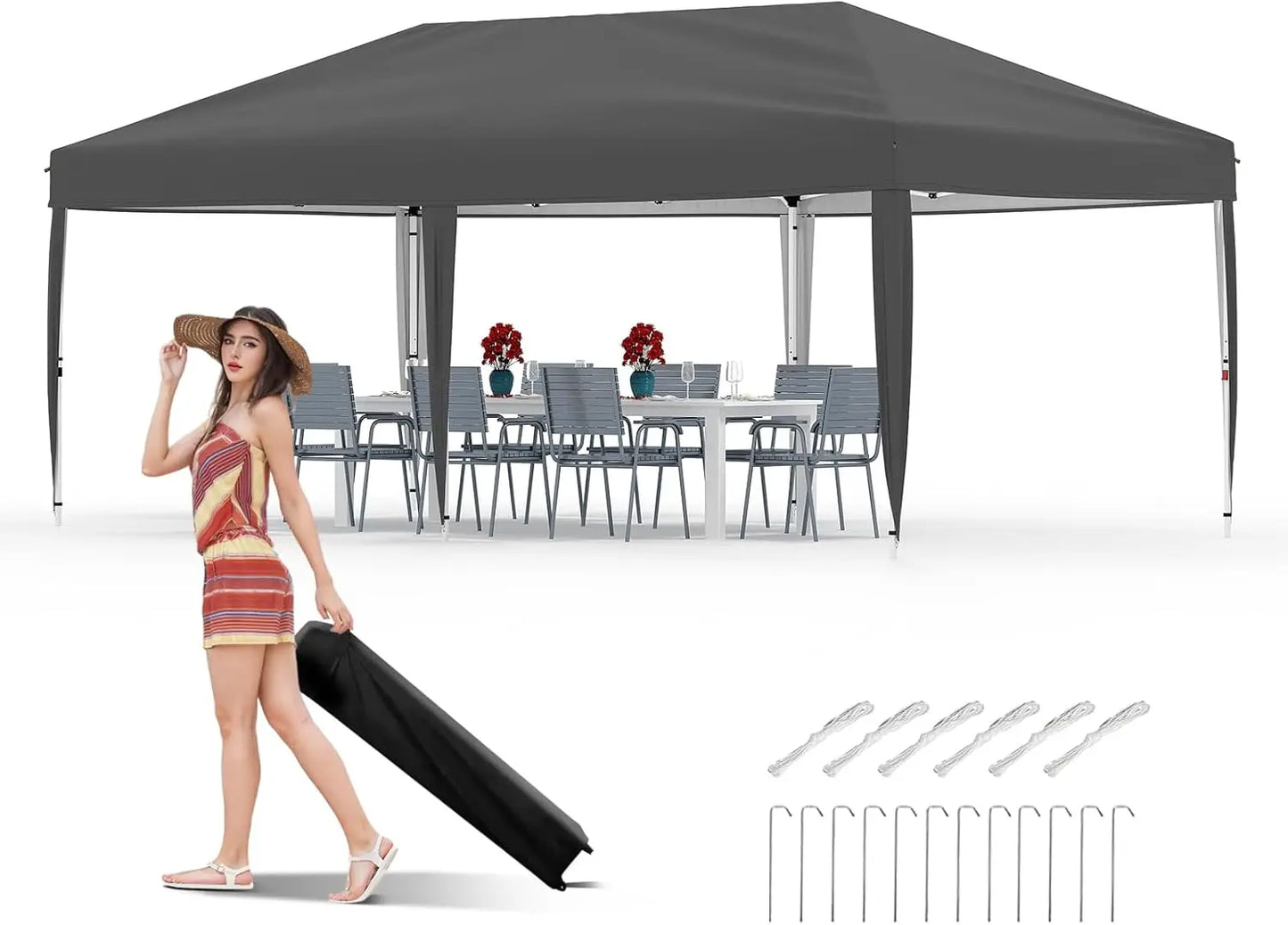 10x20FT Pop Up Canopy - Easy Up Camping Tent with One Roller Bag, 3 Adjustable Height, 4 Weight Bags for Deck Garden Beach