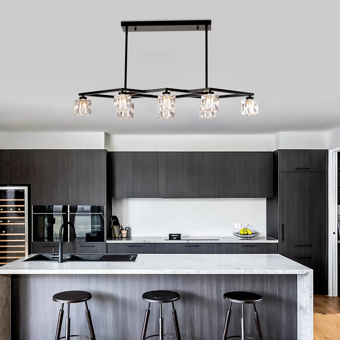 Matte Black Crystal Chandelier for Dining Room, 8-Light Kitchen Chandelier Light Fixture Modern Metal Industrial Chandeliers for