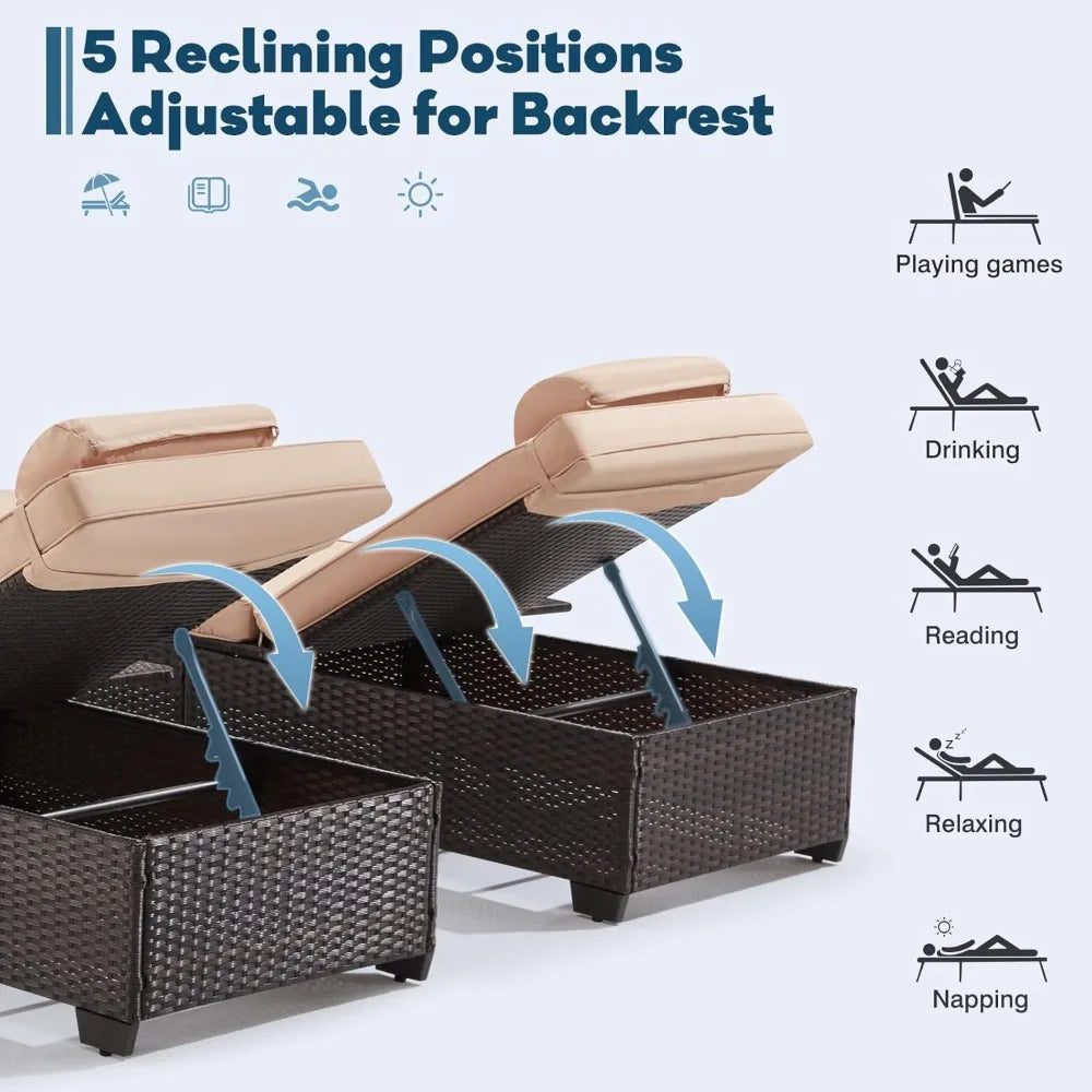 Outdoor Lounge Chairs, Pool Lounge Chairs Set of 2, Outdoor Chaise Lounge with Adjustable Backrest & Cup Holder,Khaki