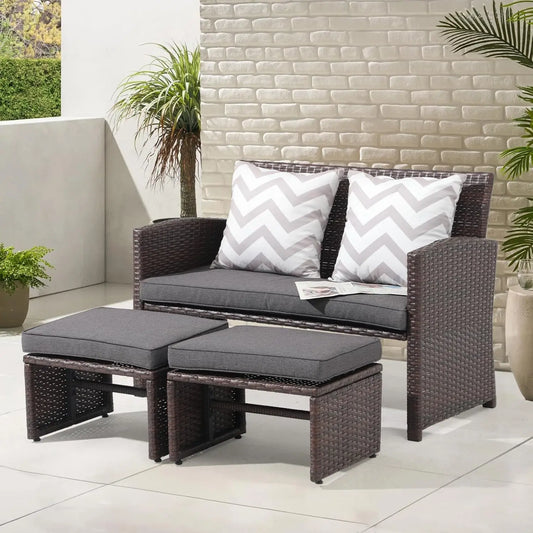 Outdoor Loveseat 3 Piece Patio Furniture Set Outdoor Conversation Set All-Weather Wicker Love Seat with Ottoman/Side Table, Brow