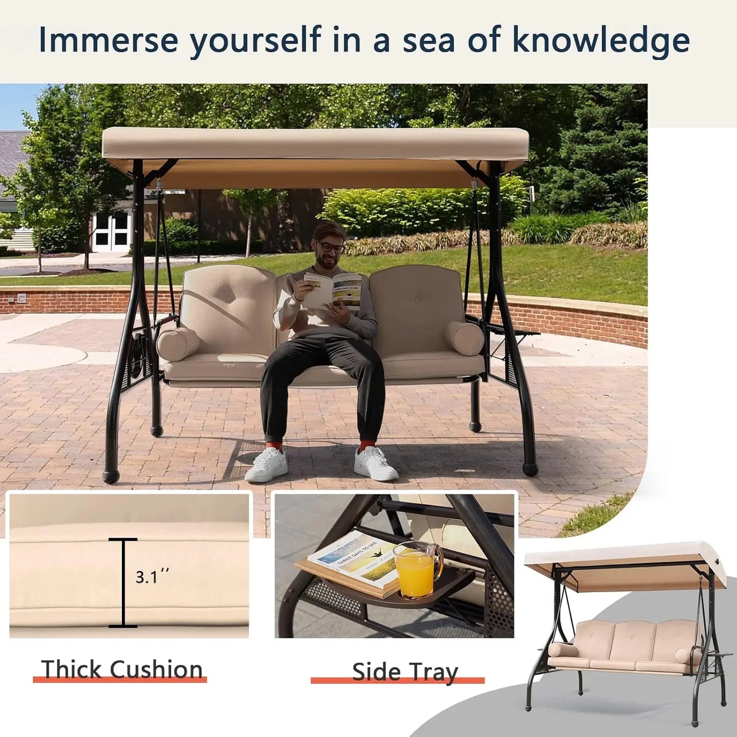 Patio Porch Swing, 3-Seat Outdoor Swing with Adjustable Canopy, Waterproof Fabric Cushion, Pillow and Foldable Side Tray for