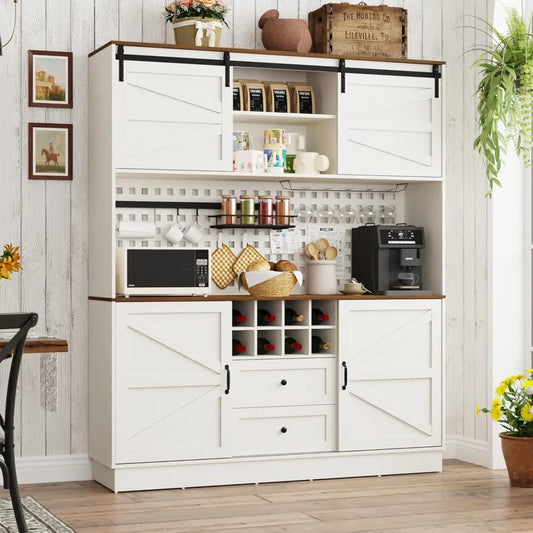 75” Kitchen Pantry Storage Cabinet, Farmhouse Kitchen Hutch Cabinet with Power Outlet,with Microwave Shelf & Wine Rack