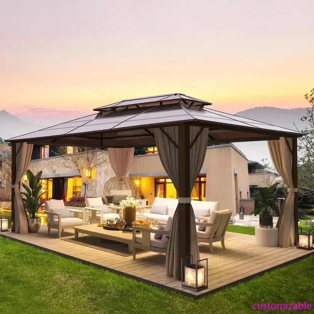 10'x13' Hardtop Gazebo, Outdoor Polycarbonate Double Roof Canopy, Aluminum Frame Permanent Pavilion with Curtains and Netting