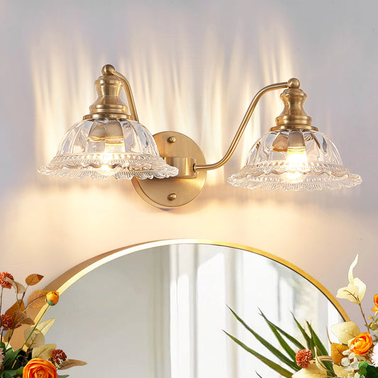 20 英寸 2-Light Vintage Bathroom Wall Sconce – Elegant Golden Metal and Glass Lampshade Vanity Light Fixture