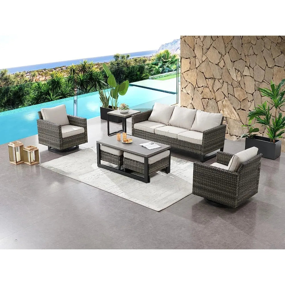 3-Piece Patio Swivel Chairs,PE Wicker Outdoor Rocking Chairs Bistro Set with Side Table Porch Balcony Furniture with Cushions