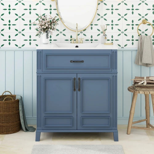 Blue 30'' Bathroom Vanity with Ceramic Sink,Solid Wood Frame Bathroom Storage Cabinet with Soft Closing Doors, Retro tyle