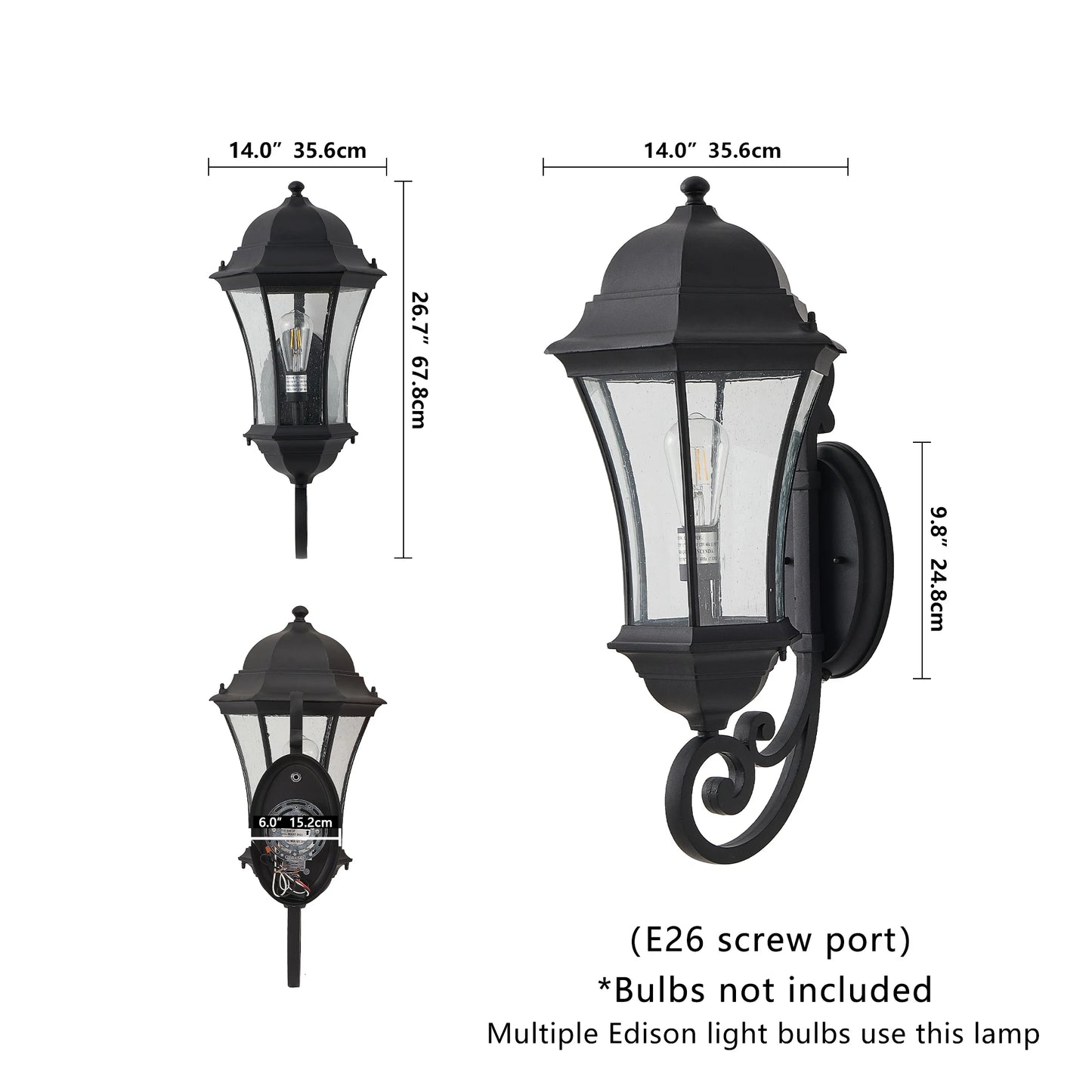 Outdoor Wall Lantern with Dusk to Dawn Sensor,Black Weatherrproof with Clear Bubble Glass,Vintage Wall Sconce (No Bulb)
