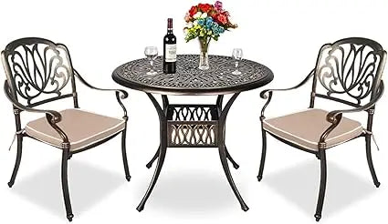 3 Piece Patio Dining Set, All-Weather Outdoor Cast Aluminum Patio Furniture Conversation Set Includes Round Table and Chairs wi