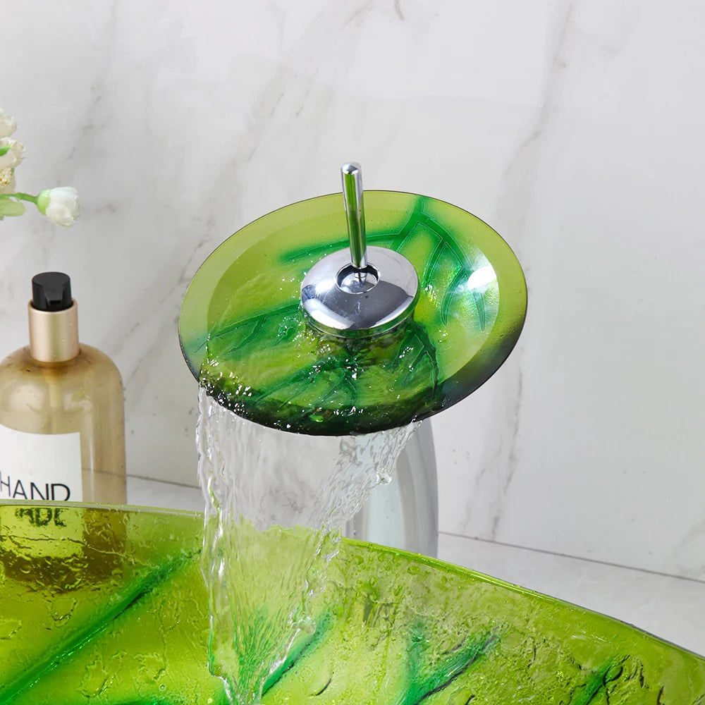 KEMAIDI Green Leaf Shape Bathroom Wash Basin Sink Faucet Combo Temper Glass Vessel Basin Sinks W/ Waterfall Mixer Drain Sets