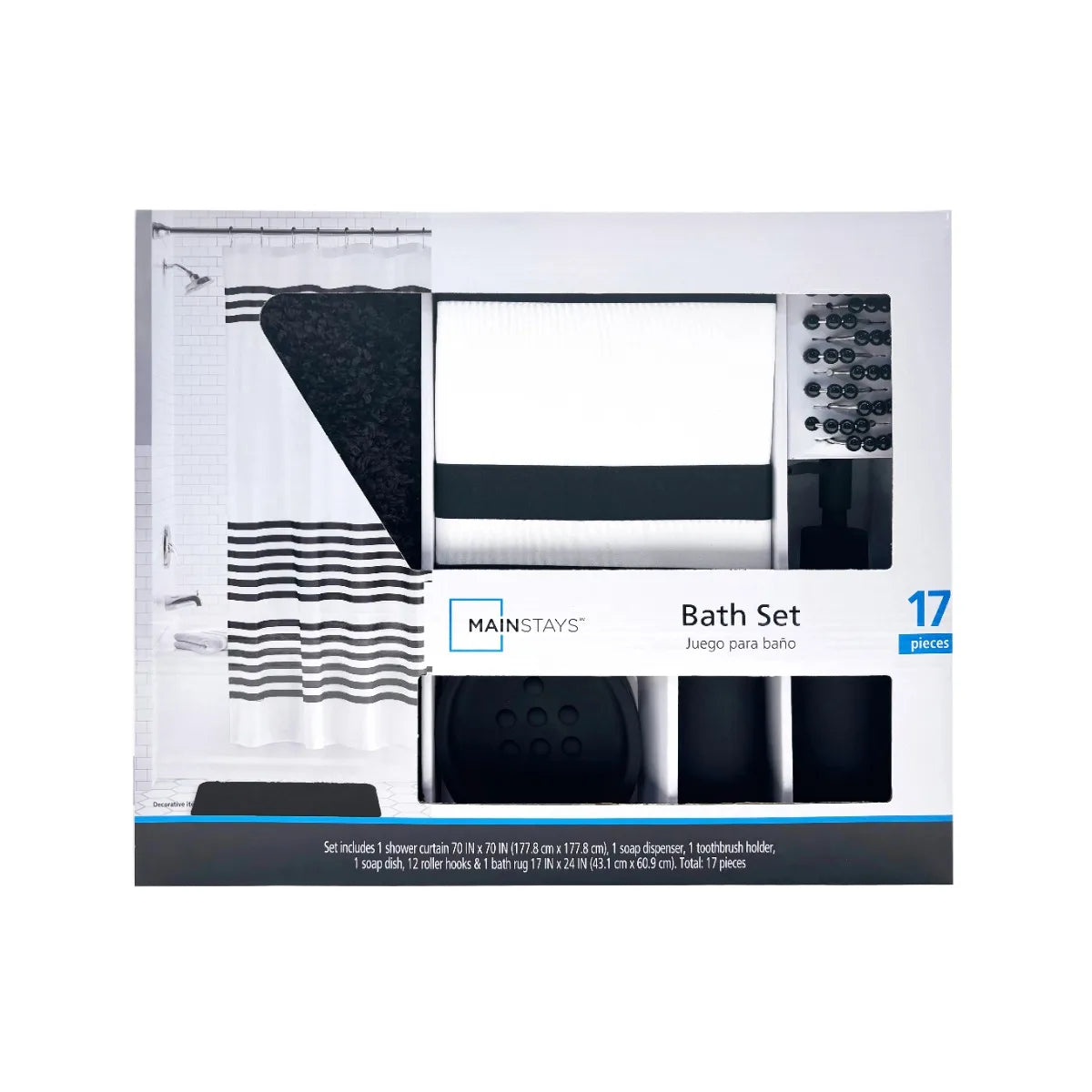 17-Piece Black & White Stripe Polyester/Plastic Shower Curtain & Bathroom Accessory Set， curtain