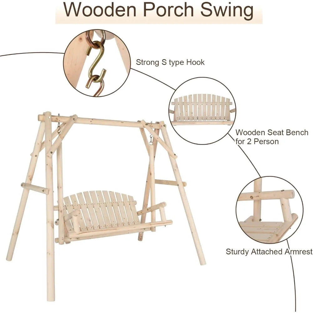 Heavy Duty 880 LBS Wooden Patio Porch Swing with A-Frame Stand, Hanging Swing Bench Chair with Frame for Outside, Yard, Garden