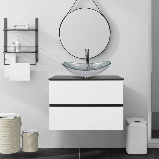 30-Inch Black and White Wall Mounted Bathroom Vanity Cabinet with 2 Drawers and Silver Boat Glass Sink