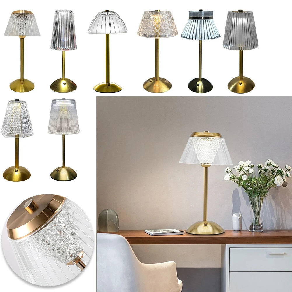 Crystal Table Lamp Metal Base 3 Color Modes Eye Protection Night Light Rechargeable Touch Control Hotel Restaurant Crystal Light