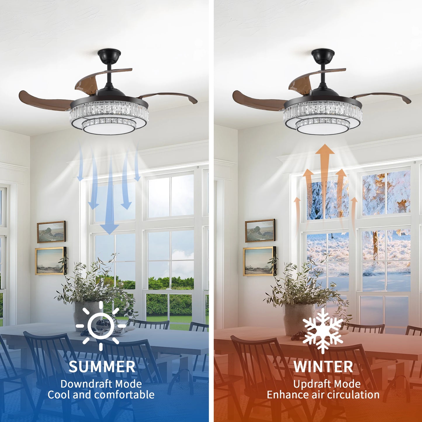 Contemporary LED Retractable Ceiling Fan with Light and Remote Control, Quiet Reversible Motor,4 Blades Modern Ceiling Fans