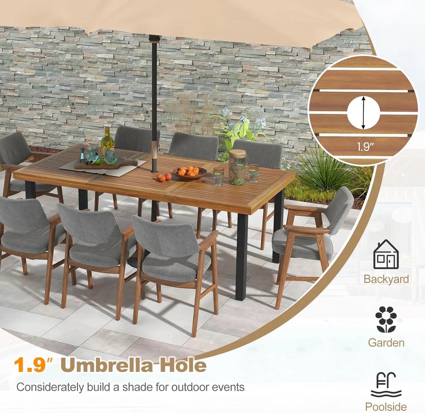 79 Inch Acacia Wood Dining Table,  Patio Table for Outdoors & Indoors, Rustic Rectangular Bistro Table with 1.9” Umbrella Hole